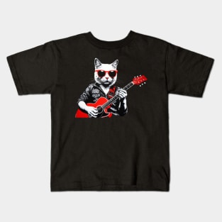 Funny Cat wearing sunglasses playing Guitar Guitarist Kids T-Shirt